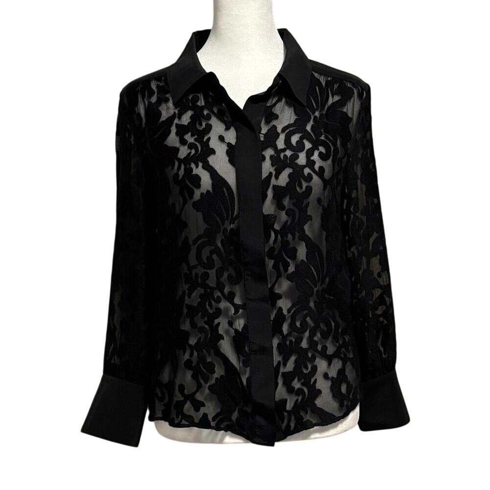 7 For All Mankind Size S Blouse Sheer Floral Lace Mulberry Silk Black Goth